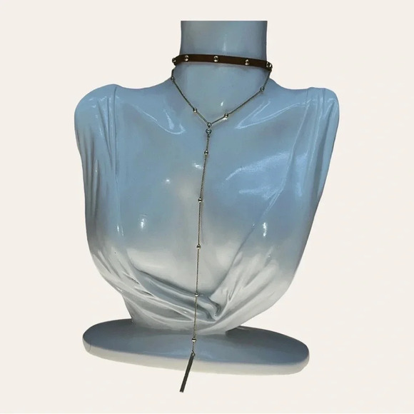 REVOLVE X ETK BY ETTIKA CHOKER NECKLACE FAUX SUEDE WITH STUDS/GOLD ACCENT DANGLE - Picture 3 of 13